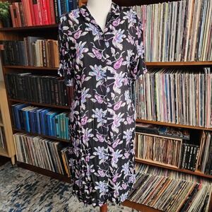 Erika Taylor Vintage Black Purple Floral Button Up Tie Back Rayon Dress L